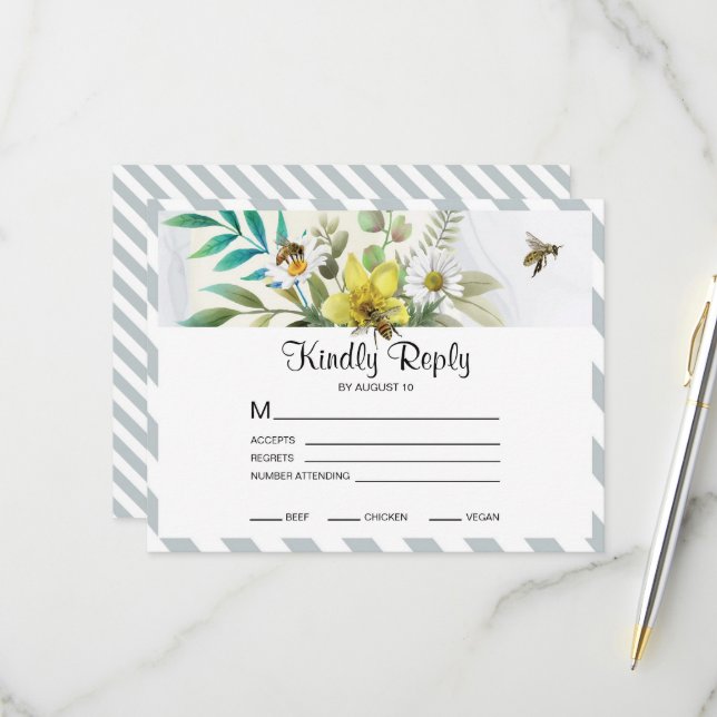 Summer Flowers Golden Frame   RSVP Card (Front/Back In Situ)