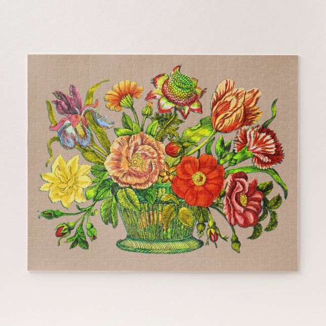 Summer Flowers in a Basket, Beige Background  Jigsaw Puzzle (Horizontal)