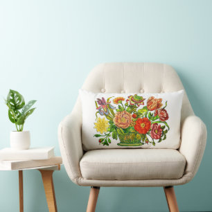Summer Flowers in a Basket, Vintage Art Lumbar Pillow