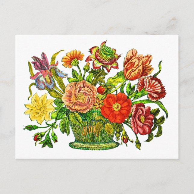Summer Flowers in a Basket, Vintage Art Postcard (Front)
