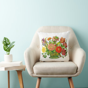Summer Flowers in a Basket, Vintage Art Throw Pillow