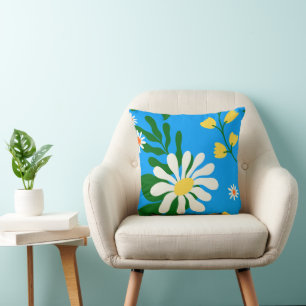 Summer Flowers On Blue Throw Pillow
