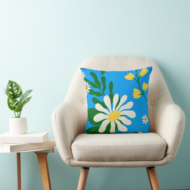 Summer Flowers On Blue Throw Pillow (Chair)