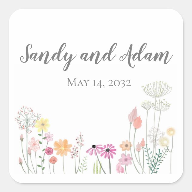 Summer Flowers Square Wedding Favour Stickers (Front)