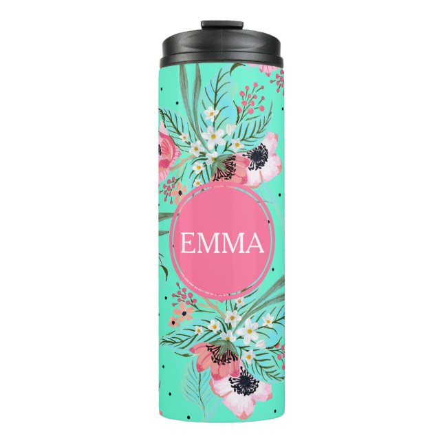 Summer Flowers Teal Personalized Thermal Tumbler (Front)
