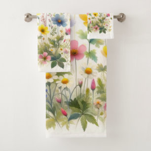 Summer  Flowers Wildflowers on White Towel Set