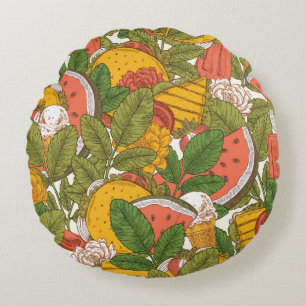 Summer food seamless pattern. Sanwiches,ice cream  Round Pillow