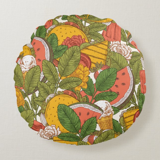 Summer Food Vintage Illustration Pattern Round Pillow (Front)