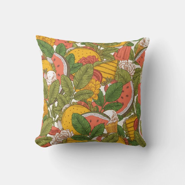 Summer Food Vintage Illustration Pattern Throw Pillow (Front)
