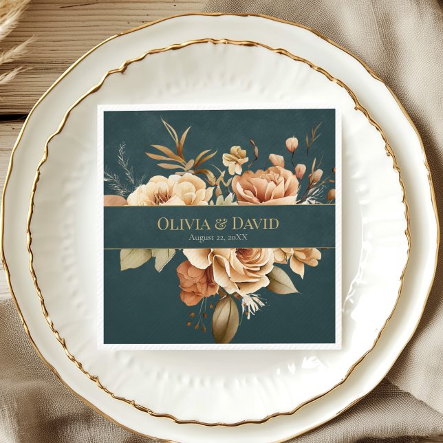 Summer Forest Witch Teal Wedding Napkins (Summer Forest Witch Teal Wedding Napkins on elegant wedding table with gold and white porcelain.)