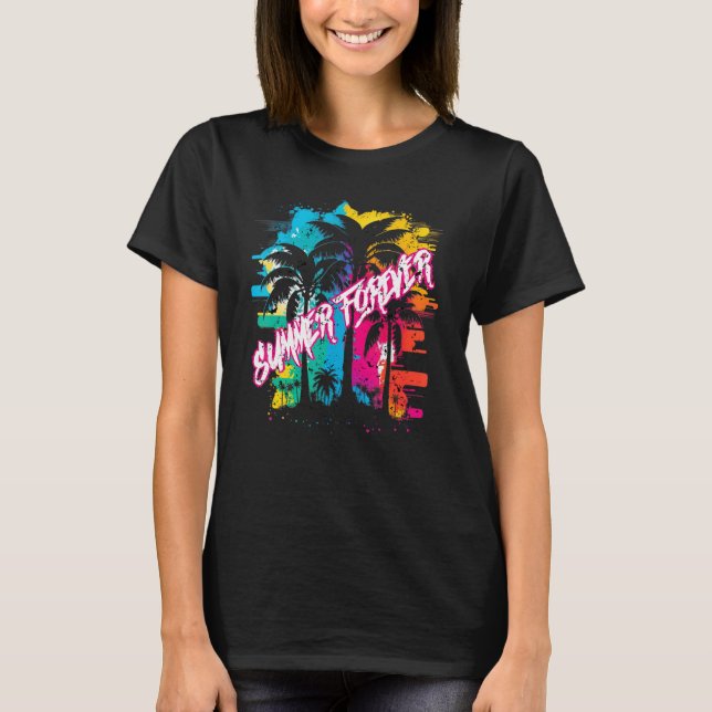 Summer Forever 80s Retro Vaporwave Beach Palm Tree T-Shirt (Front)