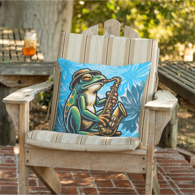 Summer Fresh Blue, Saxophone Frog Outdoor Pillow (Chair)