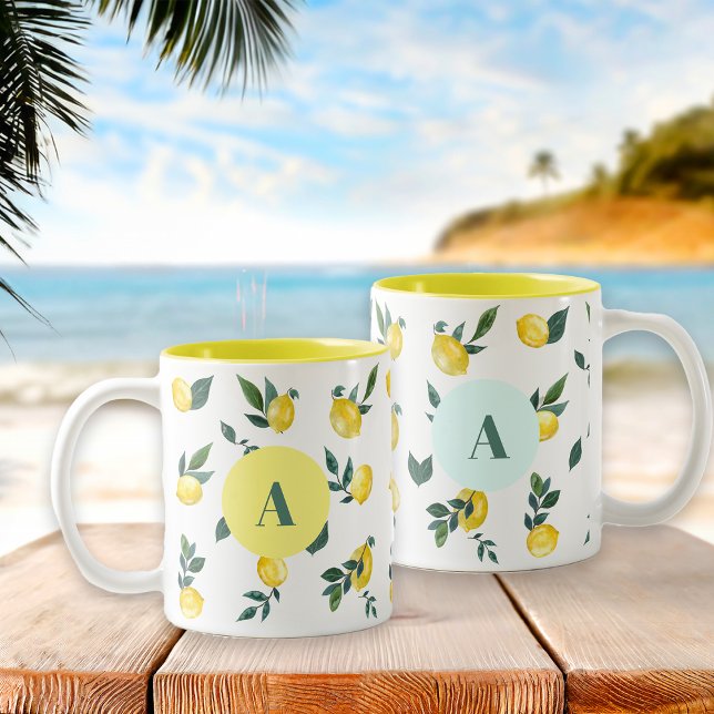 Summer Fresh Watercolour Lemons Custom Name  Two-Tone Coffee Mug (Creator Uploaded)