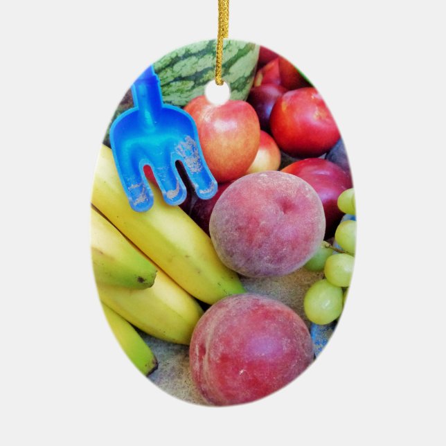 Summer Fruit, Food, Melon, Grapes, Peaches, Banana Ceramic Ornament (Front)