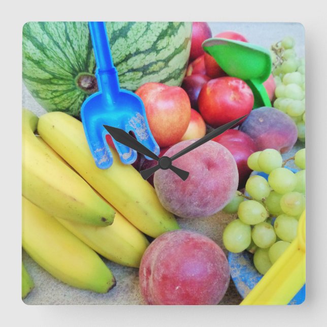 Summer Fruit, Food, Melon, Grapes, Peaches, Banana Square Wall Clock (Front)
