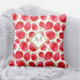 Summer Fruit Strawberries Pattern Ombre Monogram Throw Pillow