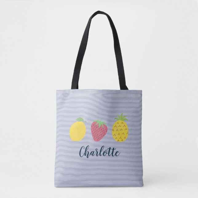 Summer Fruit Trio with Navy Pinstripe Tote Bag (Front)