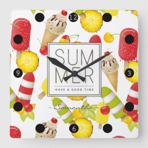 Summer Fruits and Ice-Cream Fun Square Wall Clock