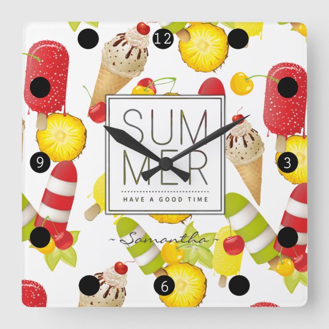 Summer Fruits and Ice-Cream Fun Square Wall Clock (Front)