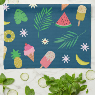 Summer Fruits and Ice Cream with Tropical Leaves  Kitchen Towel