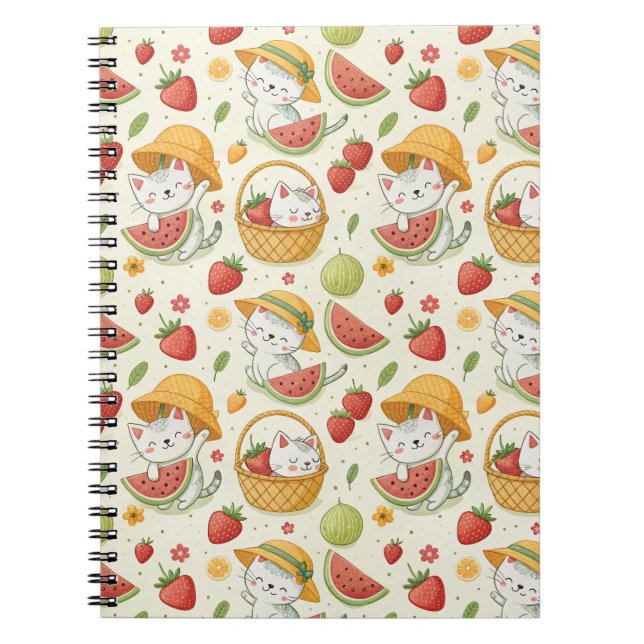 Summer Fruits Cat Pattern - Picnic Design for Kids Notebook (Front)
