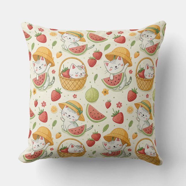 Summer Fruits Cat Pattern - Picnic Design for Kids Throw Pillow (Front)