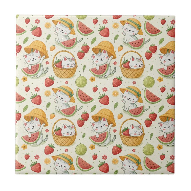 Summer Fruits Cat Pattern - Picnic Design for Kids Tile (Front)