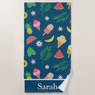 Summer Fruits, Tropical Leaves and Ice Cream Name  Beach Towel