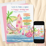 Summer Fun Beach and Surf Girls Birthday Invitation<br><div class="desc">Girl's birthday invitation - perfect for summer beach party or pool party for kids, teens and fun loving beach babes! The design has a summer beach scene complete with surfboard, pink flamingo inflatable, beach ball, tropical palm and flowers. The title currently reads "come make a splash at [name's] birthday bash...</div>