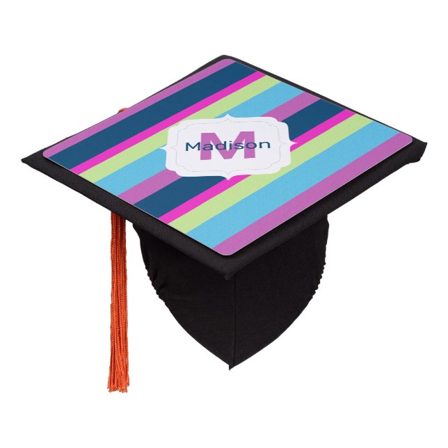 Summer fun Blue pink lime Colourful lines Monogram Graduation Cap Topper (Angled)