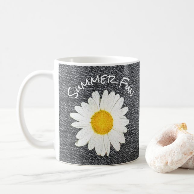 Summer Fun Daisy Flower on Grey Personalized Coffee Mug (With Donut)