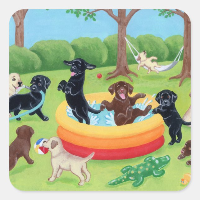 Summer Fun Labradors Painting Square Sticker (Front)