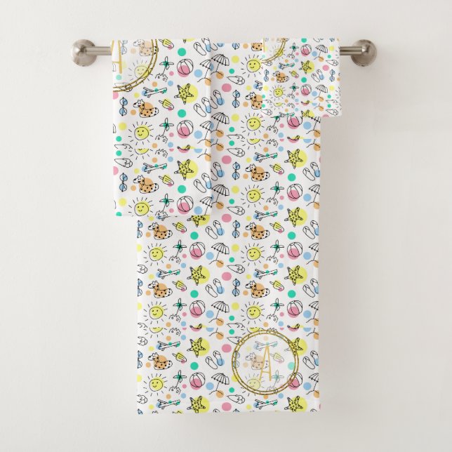 Summer Fun Monogram Beach Holiday Doodles Decor Bath Towel Set (Insitu)