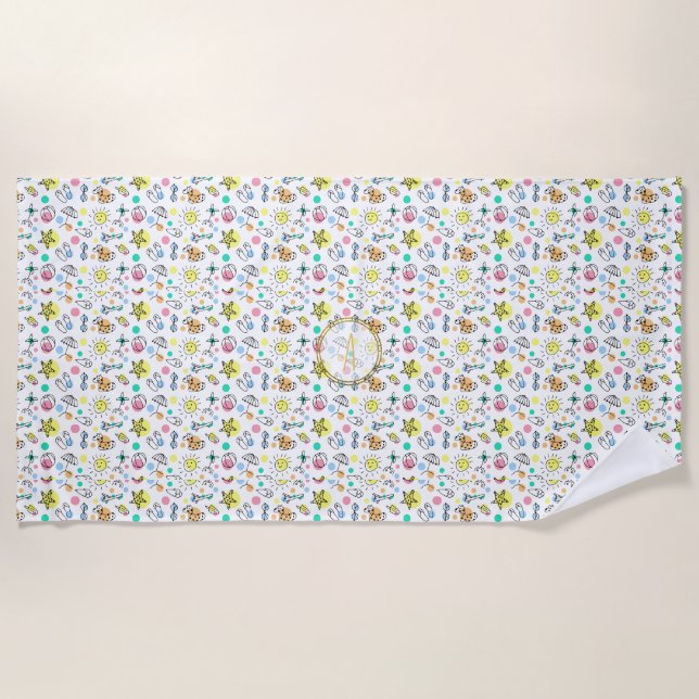 Summer Fun Monogram Beach Holiday Doodles Decor Beach Towel (Front)