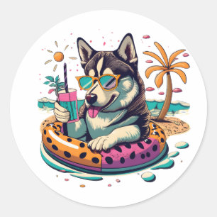 Summer Fun with Cute Cool Husky Dog in Pool Classic Round Sticker