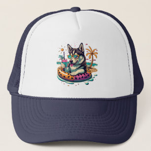 Summer Fun with Cute Cool Husky Dog in Pool Trucker Hat
