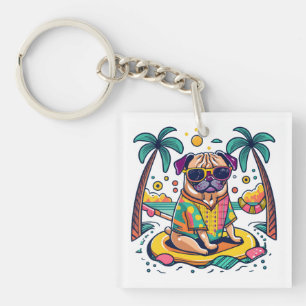 Summer Fun with Cute Pug Dog in Pool Keychain