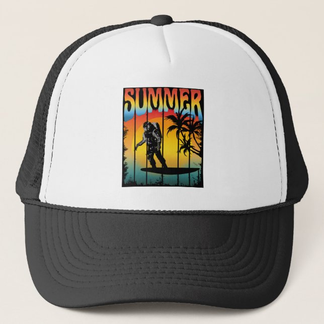 SUMMER FUNNY ASTRONAUT SUNSET TRUCKER HAT (Front)