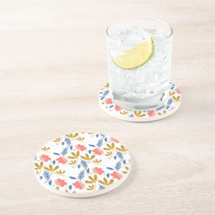 Summer Garden Blue Yellow Coral Florals  Coaster