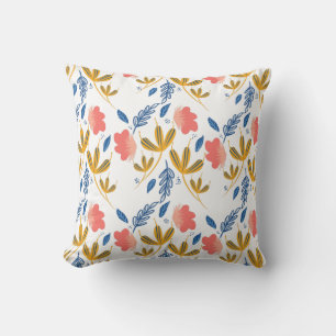 Summer Garden Blue Yellow Coral Florals Hand Drawn Throw Pillow