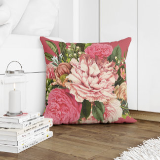 Summer garden coral cream and green flowers throw pillow