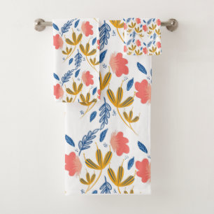 Summer Garden Florals Blue Coral Pink Greenery Bath Towel Set