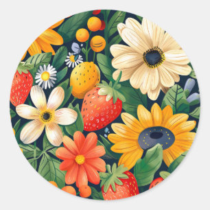Summer Garden Flowers Strawberry Pattern Classic Round Sticker