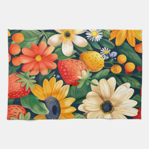Summer Garden Flowers Strawberry Pattern Kitchen Towel