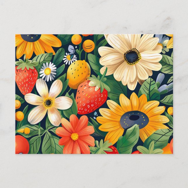 Summer Garden Flowers Strawberry Pattern Postcard (Front)