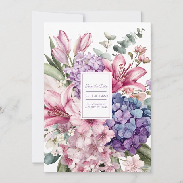 Summer Garden Lily and Hydrangea Wedding Invitation (Front)