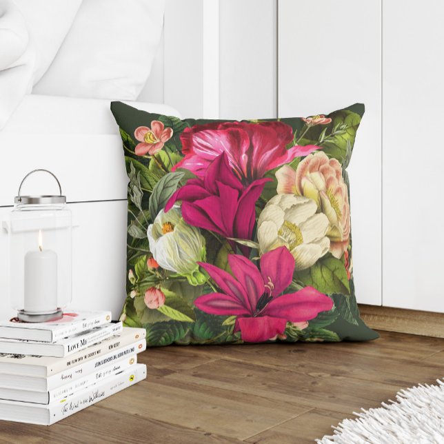 Summer garden magenta pink cream and green flowers throw pillow (Creator Uploaded)