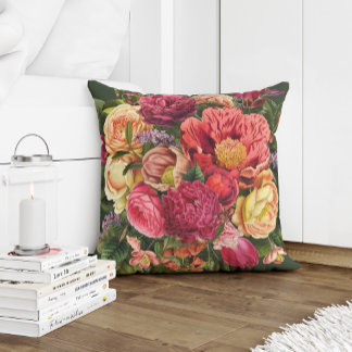 Summer garden red yellow pink and green flowers throw pillow