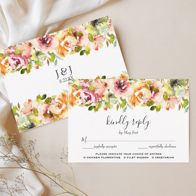 Summer Garden Watercolor Wedding Meal Choice RSVP Card (Summer Garden Floral Meal Choice Wedding RSVP Card)