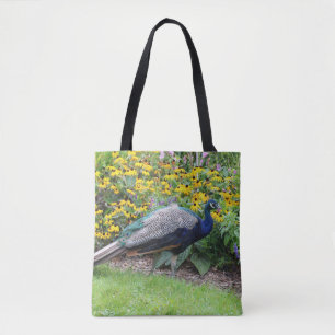 Summer garden with peacock tote bag
